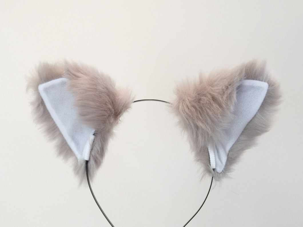 Cat ears Kitty Wolf Headwear Warm Grey White inside  Furry Animal Headband Costume Bow Bells