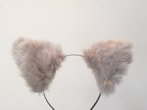 Cat ears Kitty Wolf Headwear Warm Grey White inside  Furry Animal Headband Costume Bow Bells