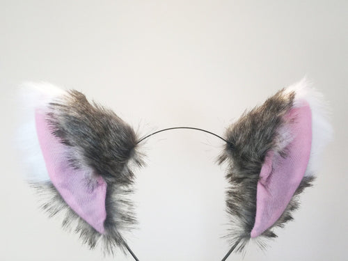 Cat ears Kitty Wolf Headwear Dark Brown Grey/Pink inside  Furry Animal Headband Costume