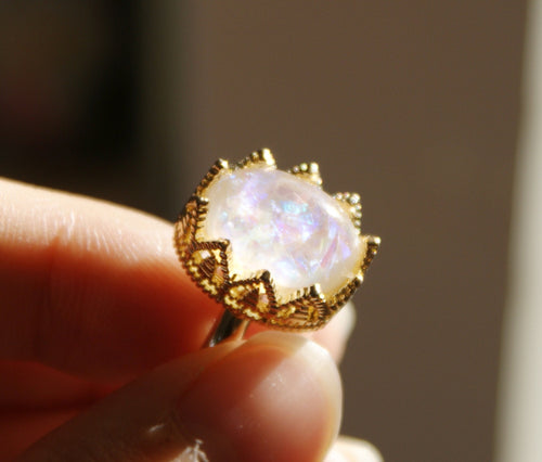 Resin Ring, Silver Gold Plated Crown Oval Seashell White caldesia Rainbow Glow Reflection