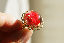 Load image into Gallery viewer, Resin Ring, Daisy Cherry Blossoms Silver Gold Plated Lace Circle Flower Red caldesia Rainbow Glow Reflection Sakura