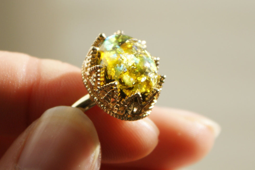 Resin Ring, Silver Gold Plated Crown Oval Seashell Black caldesia Bling