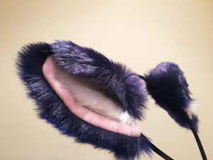 Cat ears Kitty Headwear Dark Navy Blue Furry White Fur Inside Animal Headband Costume Bow Bells