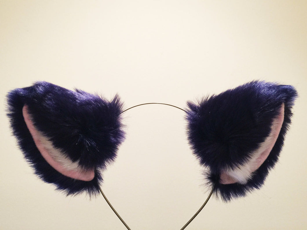 Cat ears Kitty Headwear Dark Navy Blue Furry White Fur Inside Animal Headband Costume Bow Bells