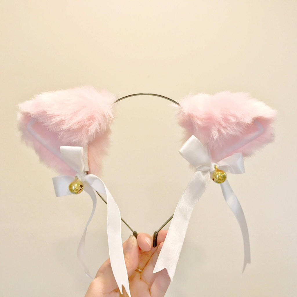 Cat ears Kitty Headwear Light Pink Furry Animal Headband Costume Bow Bells Twinkle