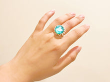 Load image into Gallery viewer, Resin Ring, Silver Gold Plated Crown Oval Seashell Blue Green caldesia Rainbow Glow Reflection 20mm circle