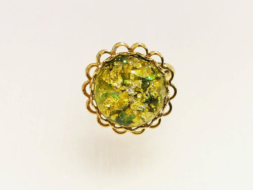 Resin Ring, Silver Gold Plated Crown Oval Seashell Black Gold caldesia Rainbow Glow Reflection 20mm circle