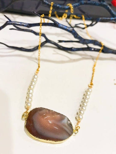 Natural Beige Brown Stone Necklace Gold Chain