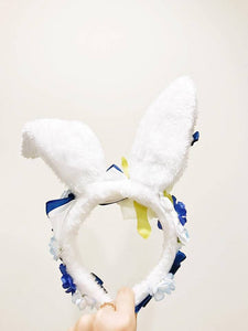 Bunny ears Rabbit Headwear Blue Furry Animal Headband Costume Bows Flowers Rose