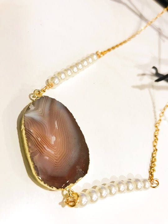 Natural Beige Brown Stone Necklace Gold Chain