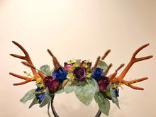 Load image into Gallery viewer, Brown Antlers Horn Daisy Flowers Rose Nymph Forest Horn Headdress Antlers Blue Purple Green Vintage