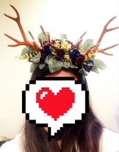 Load image into Gallery viewer, Brown Antlers Horn Daisy Flowers Rose Nymph Forest Horn Headdress Antlers Blue Purple Green Vintage