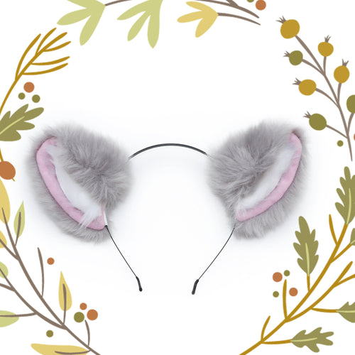 Grey Cat ears Kitty Wolf Gray Fur White Fur Pink inside Headwear Furry Animal Headband Costume