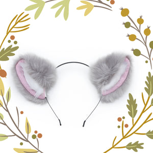 Grey Cat ears Kitty Wolf Gray Fur White Fur Pink inside Headwear Furry Animal Headband Costume