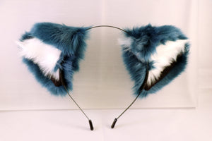 Cat ears Kitty Wolf Headwear Cerulean Blue Furry White fur inside Animal Headband Costume