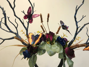 Black Branch Horn Blue Purple Rose Flowers with butterflies Nymph Forest Horn Headdress Antlers headwear