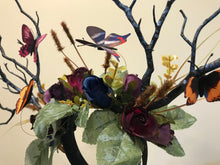 Load image into Gallery viewer, Black Branch Horn Blue Purple Rose Flowers with butterflies Nymph Forest Horn Headdress Antlers headwear