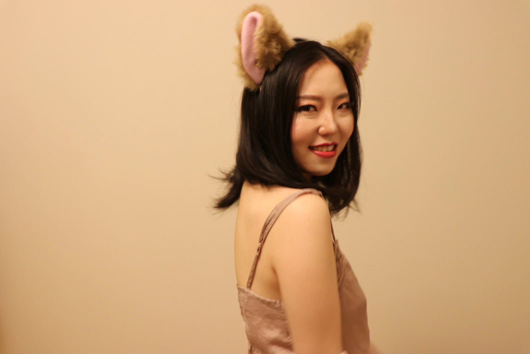 Cat ears Kitty Headwear Light Brown Pink inside Animal Headband Costume Bow Bells
