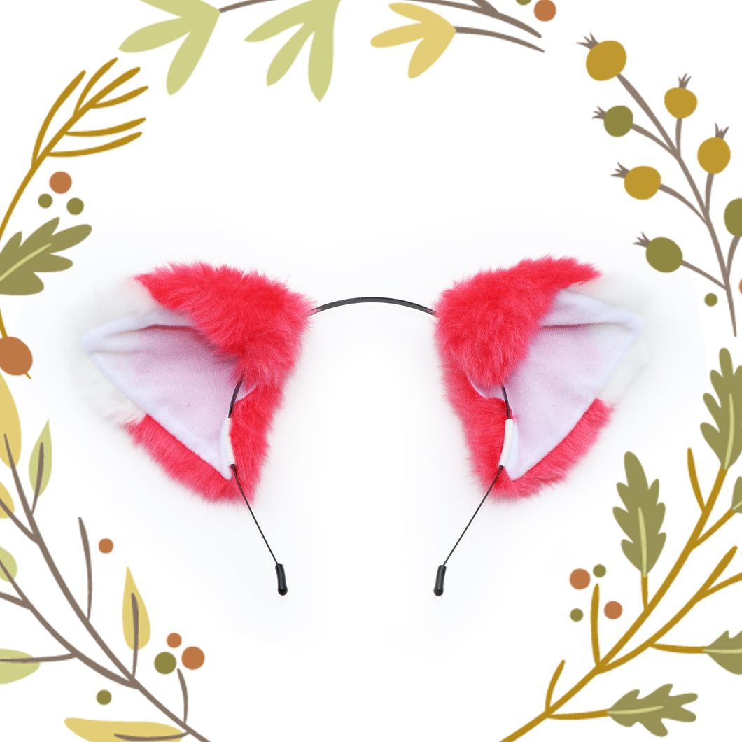 Cat ears Kitty Fox front ears Cosplay Headwear  Fluorescent red Furry White inside Animal Headband Costume