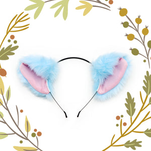 Big Cat ears Kitty Headwear Light Blue Sky Blue Pink inside Furry Animal Headband Costume Bow Bells