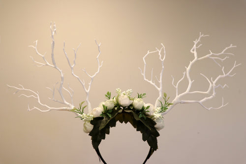 White Branch Horn Demon Nymph Horn Headdress Antlers White Rose Flowers