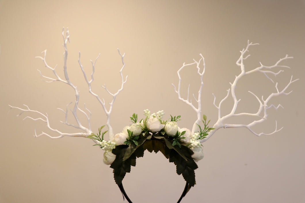 White Branch Horn Demon Nymph Horn Headdress Antlers White Rose Flowers