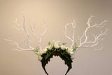 White Branch Horn Demon Nymph Horn Headdress Antlers White Rose Flowers