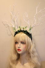 Load image into Gallery viewer, White Branch Horn Demon Nymph Horn Headdress Antlers White Rose Flowers