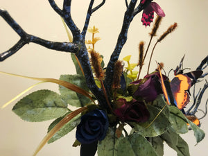 Black Branch Horn Blue Purple Rose Flowers with butterflies Nymph Forest Horn Headdress Antlers headwear