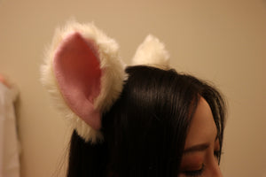 Big Cat ears Kitty Headwear Cream Rice White Furry Pink inside Animal Headband Costume Bow Bells