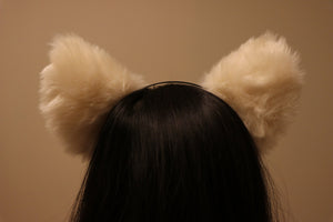 Big Cat ears Kitty Headwear Cream Rice White Furry Pink inside Animal Headband Costume Bow Bells