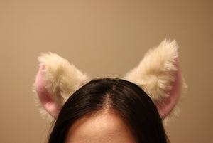 Big Cat ears Kitty Headwear Cream Rice White Furry Pink inside Animal Headband Costume Bow Bells