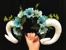 Load image into Gallery viewer, White Horns Ram Blue Daisy Flowers Nymph Forest Goat Headdress Sheep Blue sky