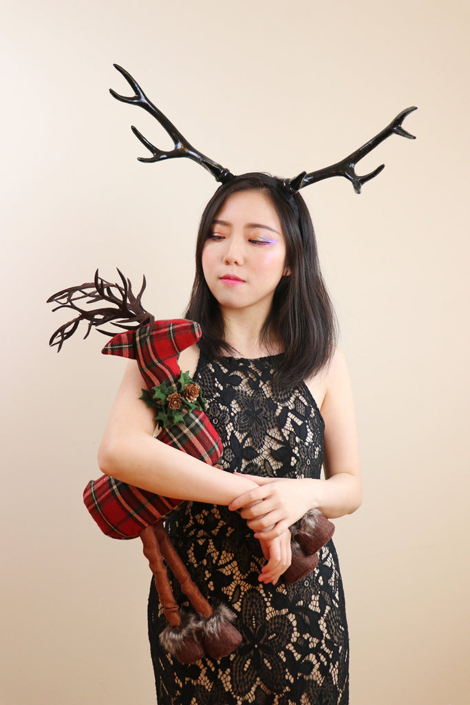 Antlers Reindeer Black Horn Demon Nymph Horn Headdress Christmas Wizard  Costume（Large）