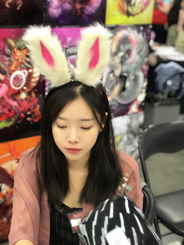 Rice Warm White Pink Rabbit Ears Bunny Ears Short fur Cosplay Animal Furry Costume Easter Halloween NALUMI