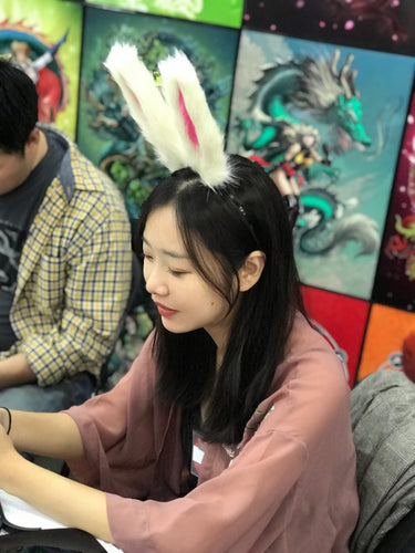 Rice Warm White Pink Rabbit Ears Bunny Ears Short fur Cosplay Animal Furry Costume Easter Halloween NALUMI