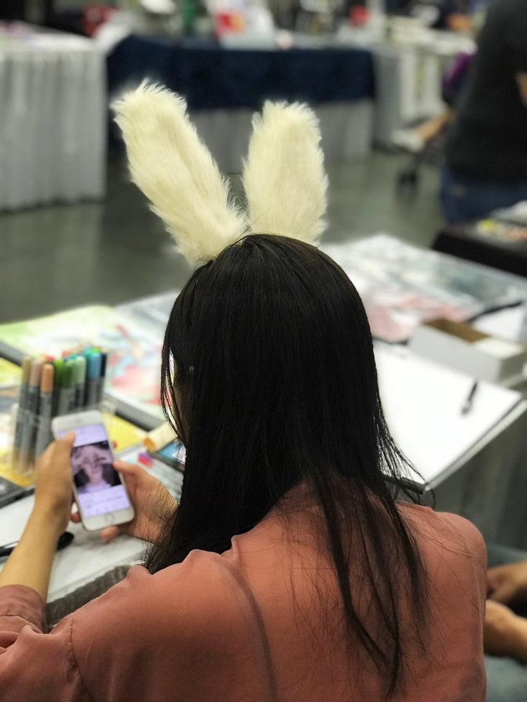Rice Warm White Pink Rabbit Ears Bunny Ears Short fur Cosplay Animal Furry Costume Easter Halloween NALUMI