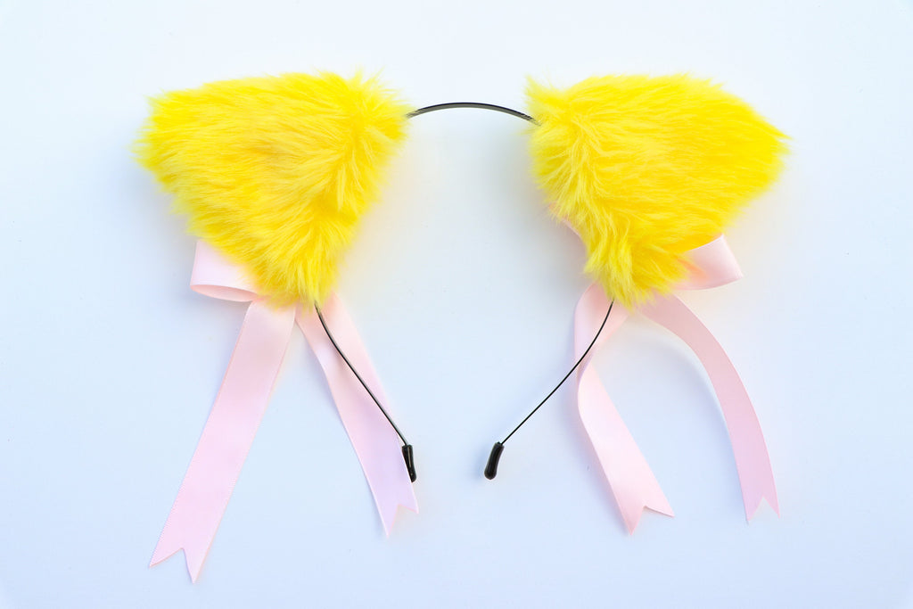 Cat ears Kitty Headwear Yellow Furry Animal Headband Costume Bow Bells