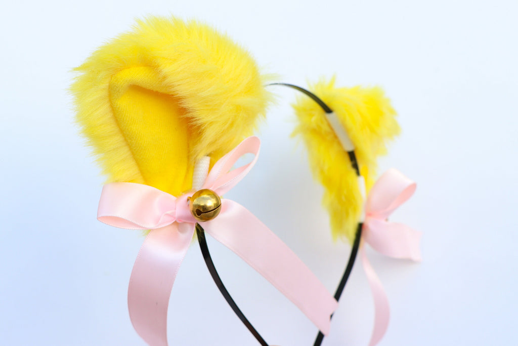 Cat ears Kitty Headwear Yellow Furry Animal Headband Costume Bow Bells