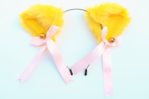 Cat ears Kitty Headwear Yellow Furry Animal Headband Costume Bow Bells