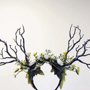 Black Branch Horn Flowers  Nymph Forest Horn Headdress Headwear Antlers Blue Green Halloween Costume【NALUMI】