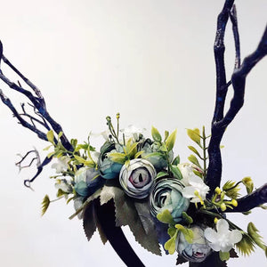 Black Branch Horn Flowers  Nymph Forest Horn Headdress Headwear Antlers Blue Green Halloween Costume【NALUMI】