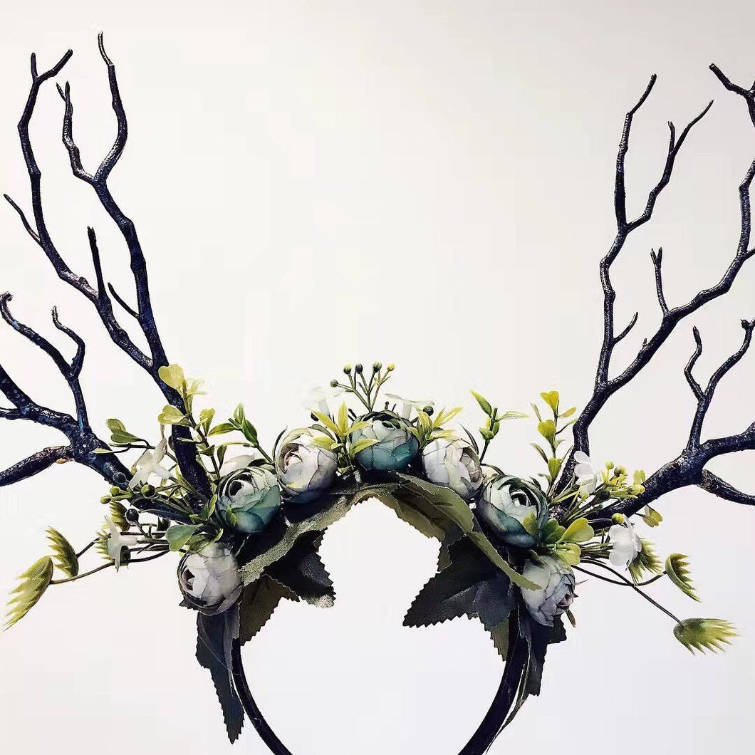 Black Branch Horn Flowers  Nymph Forest Horn Headdress Headwear Antlers Blue Green Halloween Costume【NALUMI】