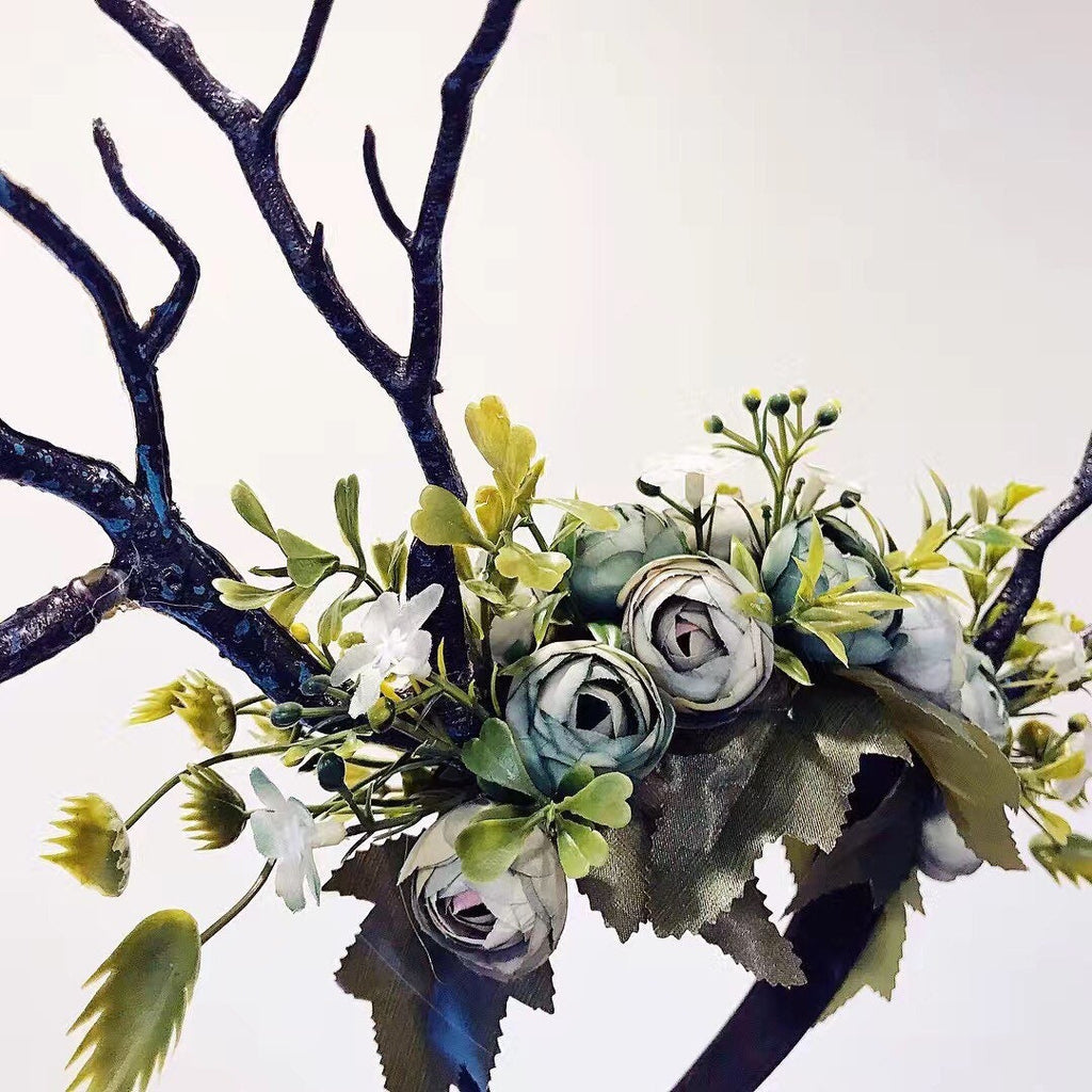 Black Branch Horn Flowers  Nymph Forest Horn Headdress Headwear Antlers Blue Green Halloween Costume【NALUMI】