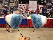 Load image into Gallery viewer, Cat ears Kitty Wolf Headwear Cerulean Blue Stitching White Furry Pink inside Animal Headband Costume