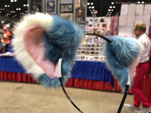 Cat ears Kitty Wolf Headwear Cerulean Blue Stitching White Furry Pink inside Animal Headband Costume