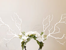 Load image into Gallery viewer, Warm White Branch Horn Demon Nymph Horn Headdress Antlers Hydrangea White Rose Flowers