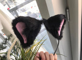 Cat ears Kitty Headwear Black soft Furry Pink inside Animal Headband Costume Bow Bells