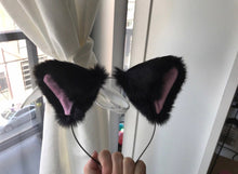 Load image into Gallery viewer, Cat ears Kitty Headwear Black soft Furry Pink inside Animal Headband Costume Bow Bells
