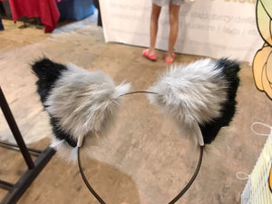 Cat ears Raccoon Kitty Wolf Headwear Grey Stitching Black Furry Grey fur inside Animal Headband Costume